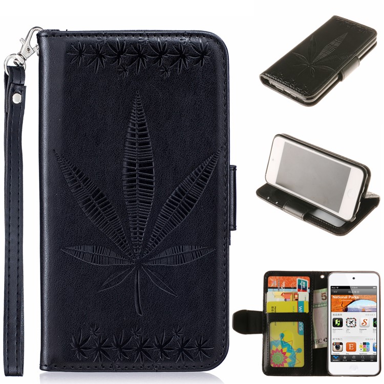 Imprint Maple Leaves Leather Wallet Case for iPod Touch 6/5 - Black-1