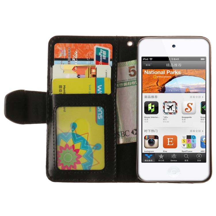 Imprint Maple Leaves Leather Wallet Case for iPod Touch 6/5 - Black-10