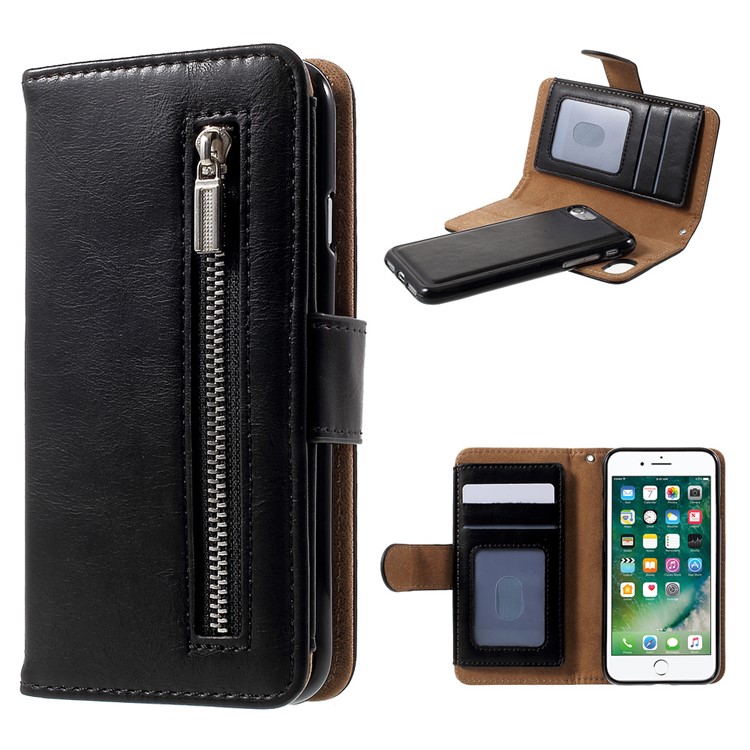 2-in-1 Split Leather Magnetic Wallet Shell for iPhone 7 with Removable Phone Case Inside - Black-1