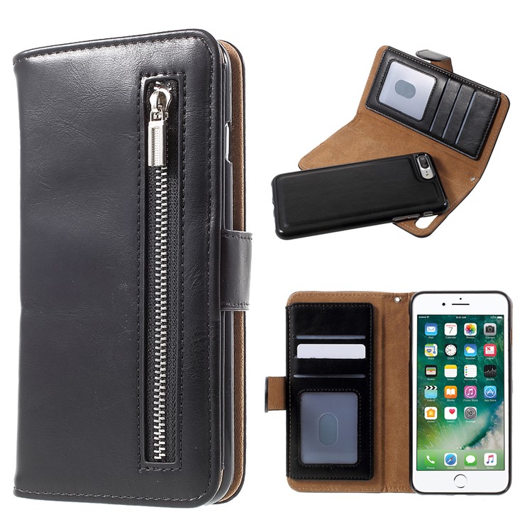 2-in-1 Magnetic Split Leather Wallet Case for iPhone 7 Plus with Removable Inner Case - Black-1