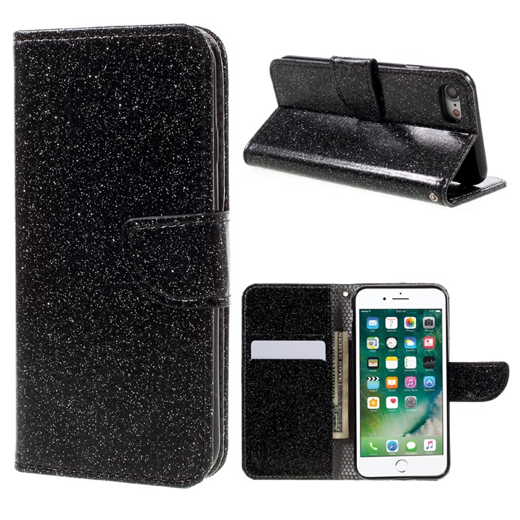 Glitter Powder Leather Wallet Phone Case for iPhone 7 with Stand - Black-1