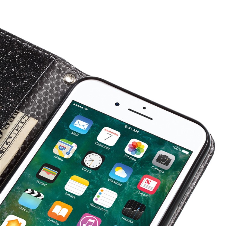 Glitter Powder Leather Wallet Phone Case for iPhone 7 with Stand - Black-11