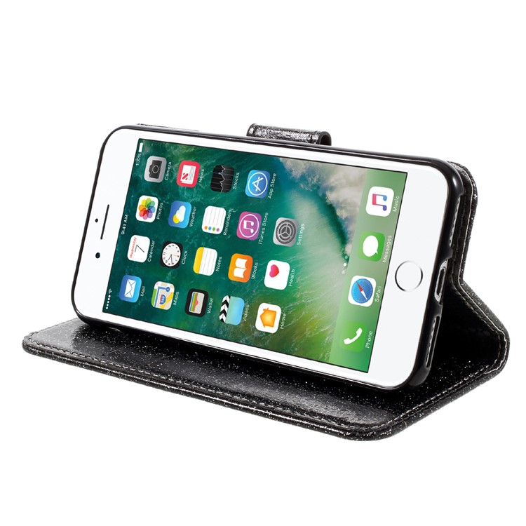 Glitter Powder Leather Wallet Phone Case for iPhone 7 with Stand - Black-4