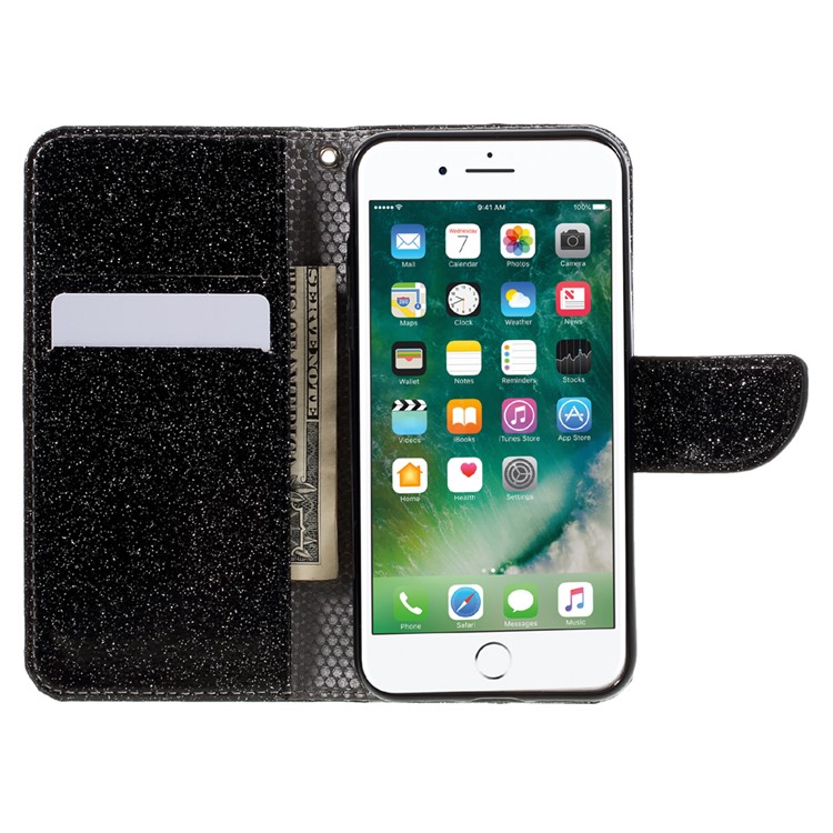 Glitter Powder Leather Wallet Phone Case for iPhone 7 with Stand - Black-6