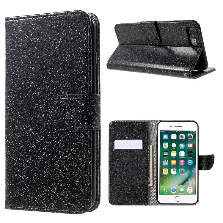 Flashing Powder Wallet Leather Phone Case for iPhone 7 Plus 5.5 inch with Stand - Black-1