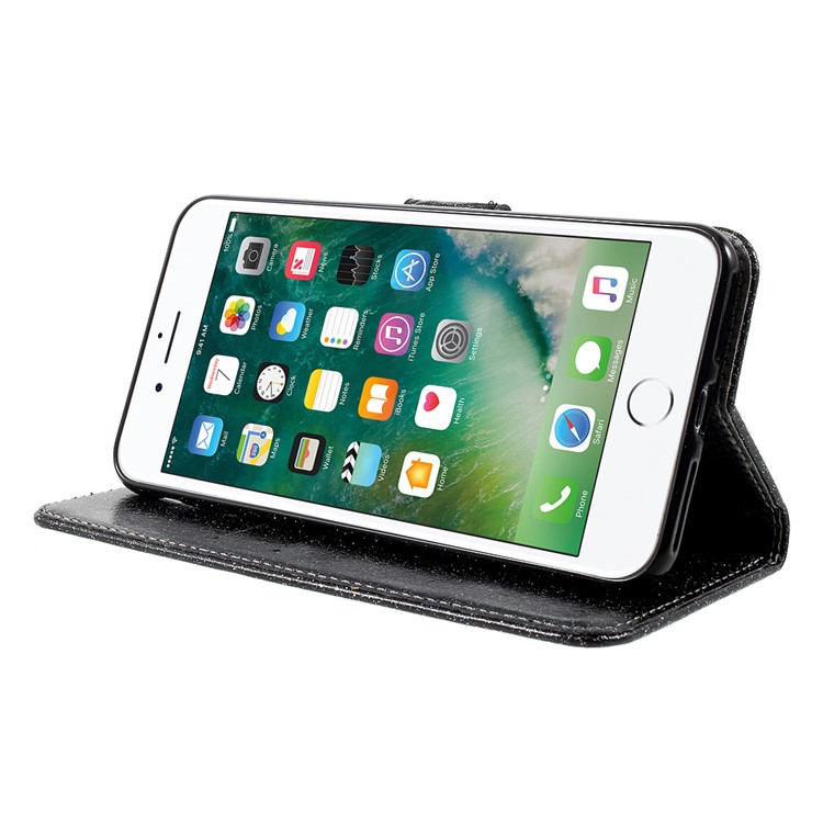Flashing Powder Wallet Leather Phone Case for iPhone 7 Plus 5.5 inch with Stand - Black-3