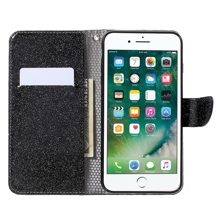 Flashing Powder Wallet Leather Phone Case for iPhone 7 Plus 5.5 inch with Stand - Black-5