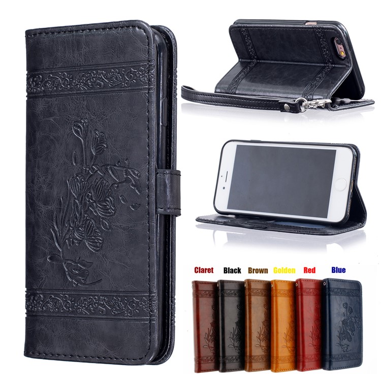 Vintage Oil Wax Imprint Flower Pattern Leather Phone Wallet Case for iPhone 6s 6 with Strap - Black-1