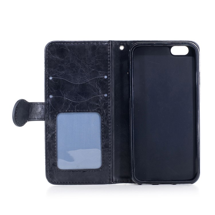 Vintage Oil Wax Imprint Flower Pattern Leather Phone Wallet Case for iPhone 6s 6 with Strap - Black-10