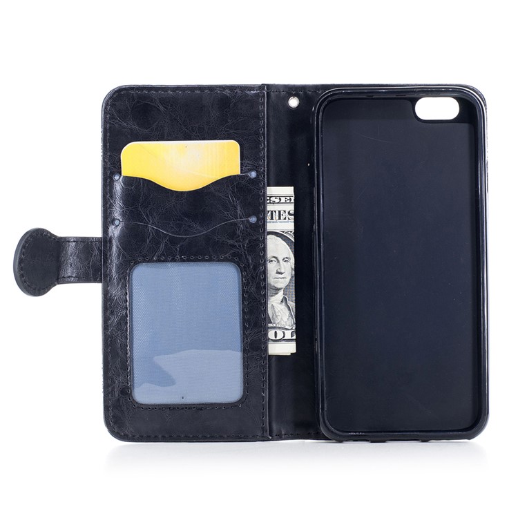 Vintage Oil Wax Imprint Flower Pattern Leather Phone Wallet Case for iPhone 6s 6 with Strap - Black-11