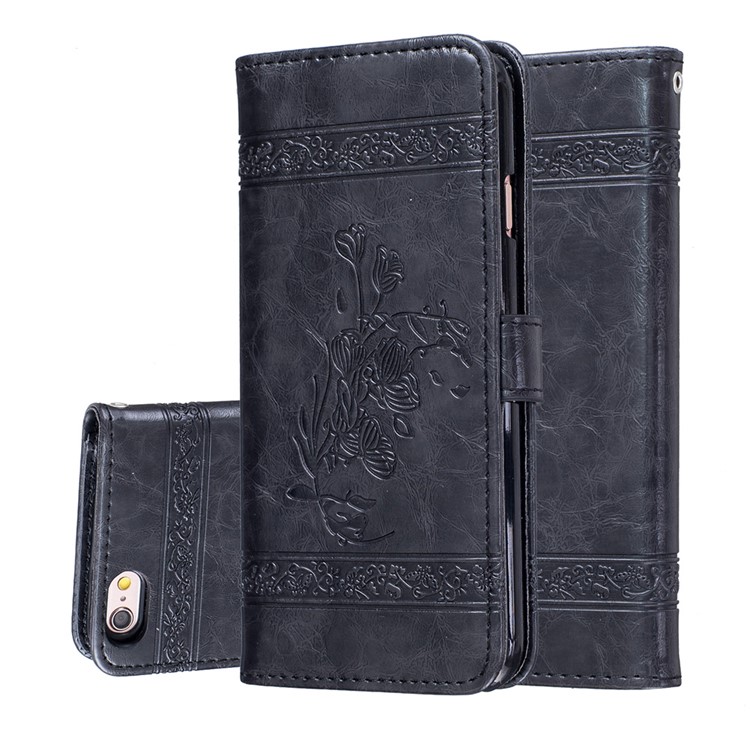 Vintage Oil Wax Imprint Flower Pattern Leather Phone Wallet Case for iPhone 6s 6 with Strap - Black-2