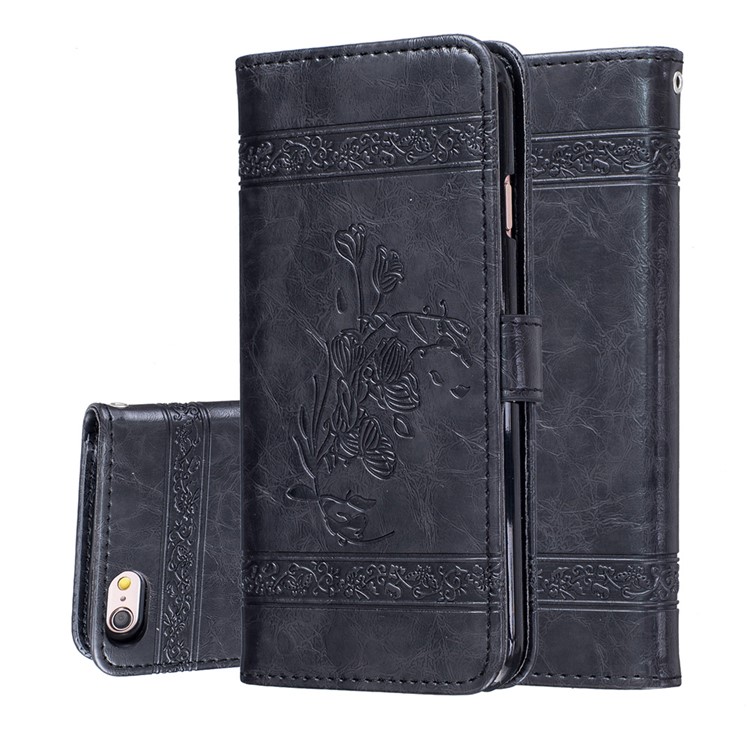 Vintage Oil Wax Imprint Flower Pattern Leather Phone Wallet Case for iPhone 6s 6 with Strap - Black-3