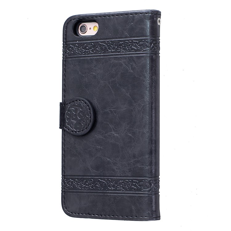 Vintage Oil Wax Imprint Flower Pattern Leather Phone Wallet Case for iPhone 6s 6 with Strap - Black-5