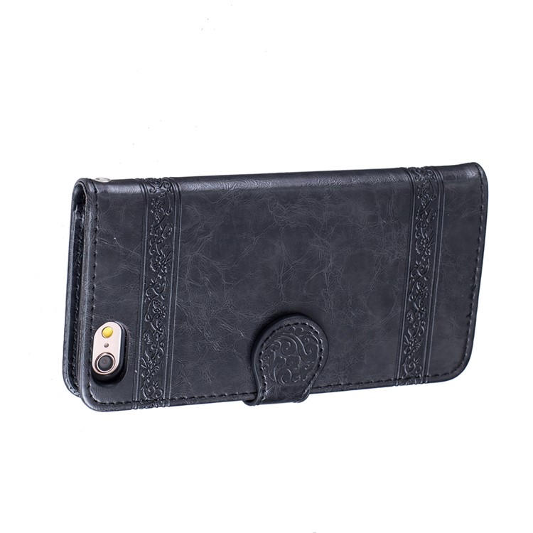Vintage Oil Wax Imprint Flower Pattern Leather Phone Wallet Case for iPhone 6s 6 with Strap - Black-6