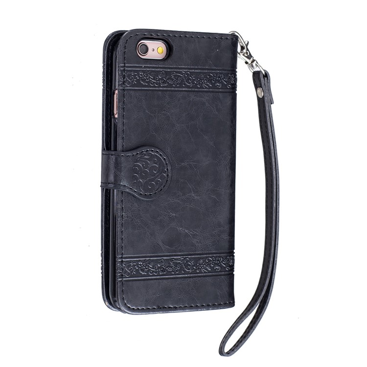 Vintage Oil Wax Imprint Flower Pattern Leather Phone Wallet Case for iPhone 6s 6 with Strap - Black-7
