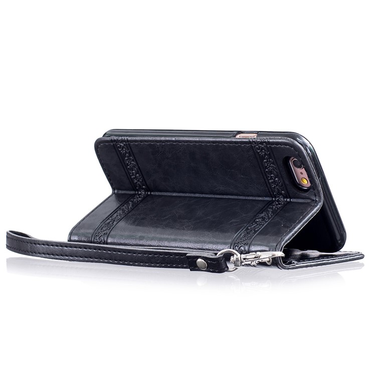 Vintage Oil Wax Imprint Flower Pattern Leather Phone Wallet Case for iPhone 6s 6 with Strap - Black-8