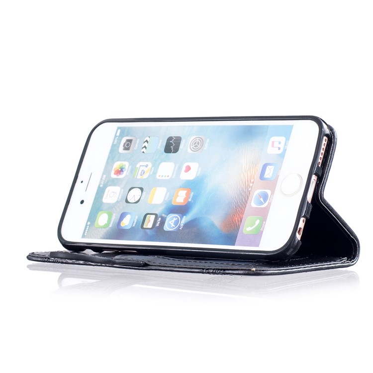 Vintage Oil Wax Imprint Flower Pattern Leather Phone Wallet Case for iPhone 6s 6 with Strap - Black-9