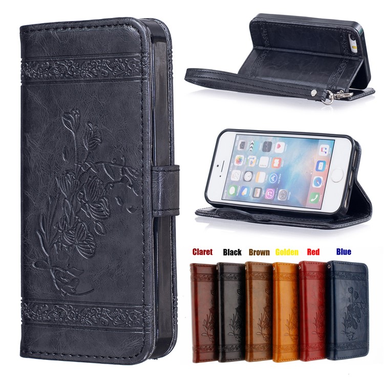 Imprinted Flower Oil Wax Leather Wallet Stand Case for iPhone SE/5s/5 - Black-1