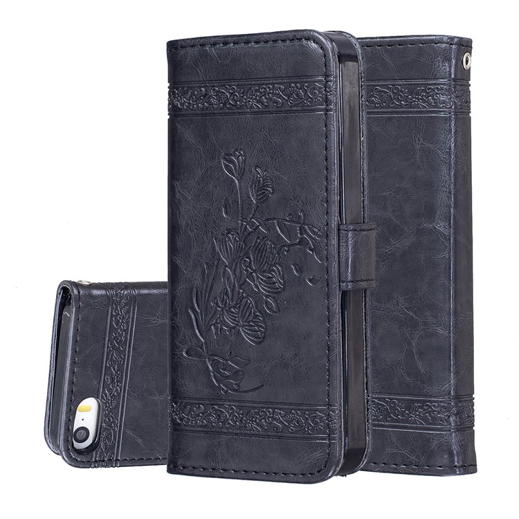 Imprinted Flower Oil Wax Leather Wallet Stand Case for iPhone SE/5s/5 - Black-2