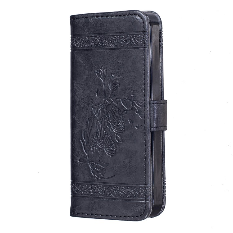 Imprinted Flower Oil Wax Leather Wallet Stand Case for iPhone SE/5s/5 - Black-3