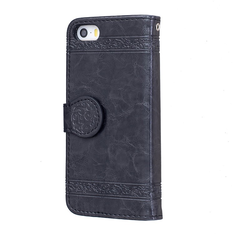 Imprinted Flower Oil Wax Leather Wallet Stand Case for iPhone SE/5s/5 - Black-4
