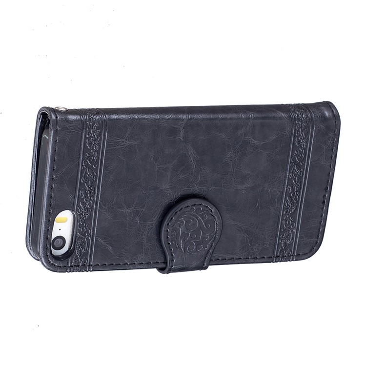 Imprinted Flower Oil Wax Leather Wallet Stand Case for iPhone SE/5s/5 - Black-5