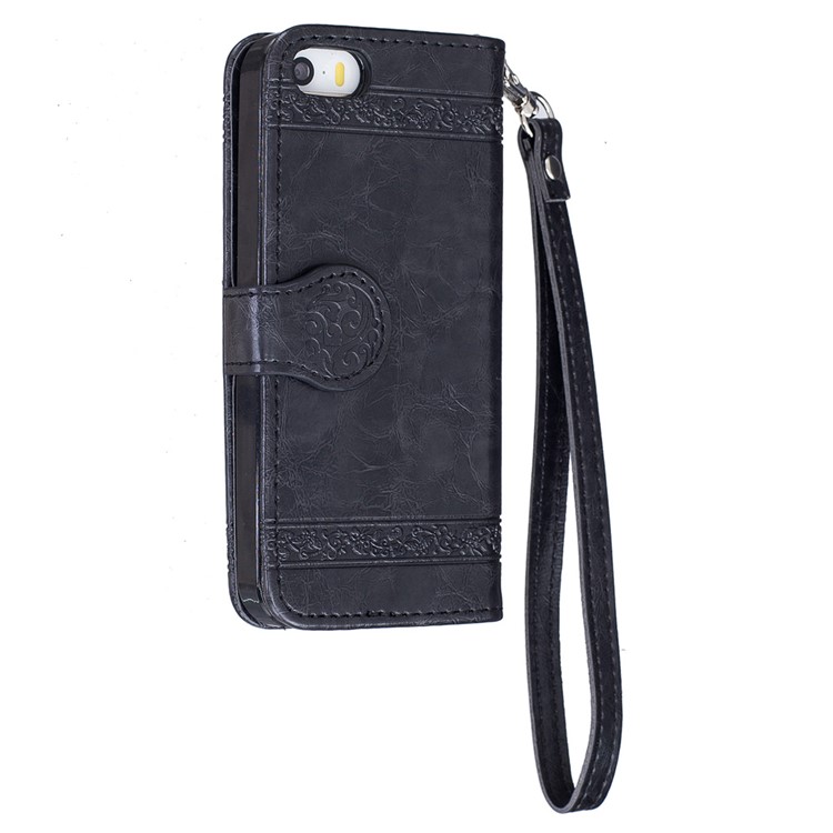 Imprinted Flower Oil Wax Leather Wallet Stand Case for iPhone SE/5s/5 - Black-6