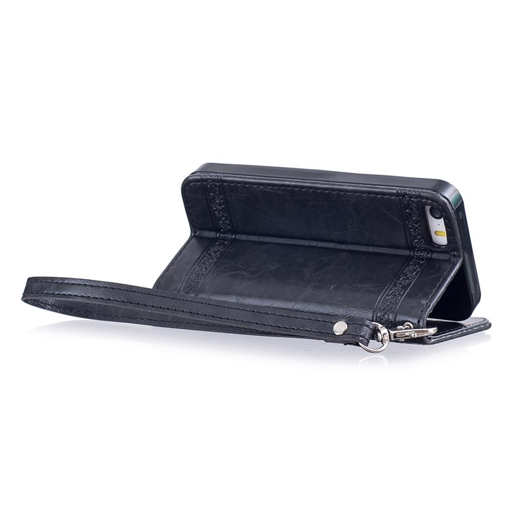 Imprinted Flower Oil Wax Leather Wallet Stand Case for iPhone SE/5s/5 - Black-7