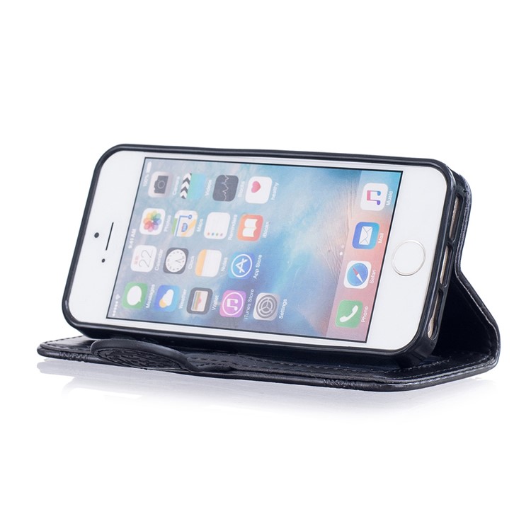 Imprinted Flower Oil Wax Leather Wallet Stand Case for iPhone SE/5s/5 - Black-8