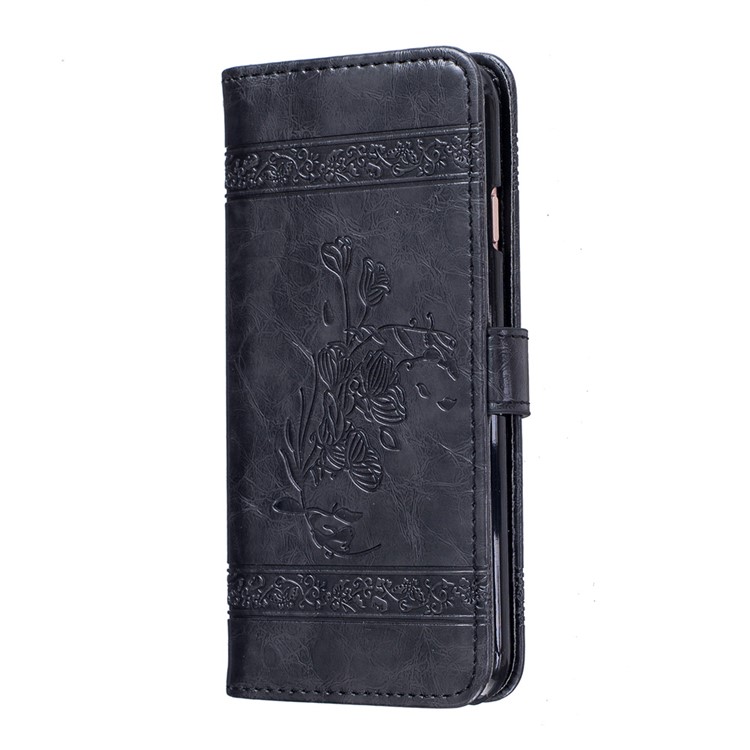 Imprinted Flower Oil Wax Leather Case with Hand Strap for iPhone 6s Plus/6 Plus - Black-3