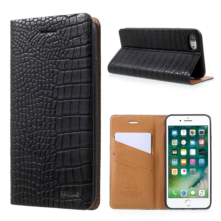 KAIYUE Crocodile Texture Auto-absorbed Genuine Leather Phone Case for iPhone 7 4.7 inch - Black-1