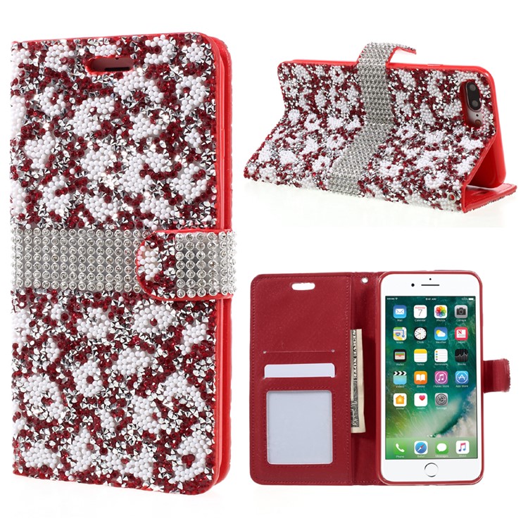 Diamonds and Beads Decor Leather Wallet Phone Case for iPhone 7 Plus 5.5 inch - Red-1