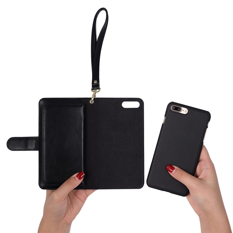 Multi-slot Detachable Wallet Leather Cellphone Case for iPhone 7 Plus with Lanyard - Black-10