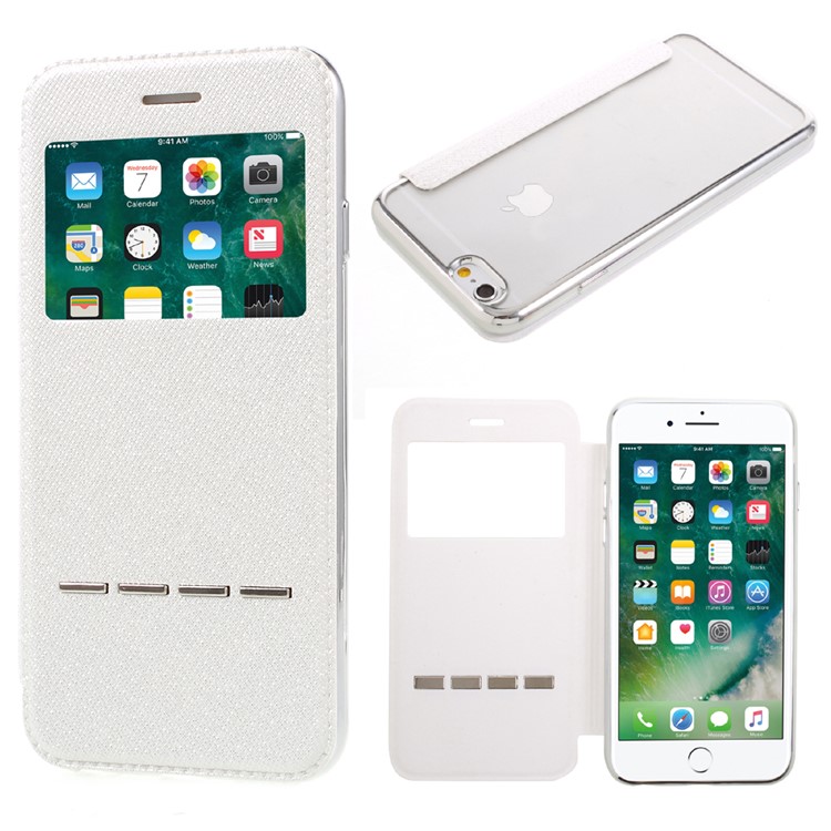 Slide to Answer Flash Powder Folio Leather Case for iPhone 6s 6 with View Window - White-1