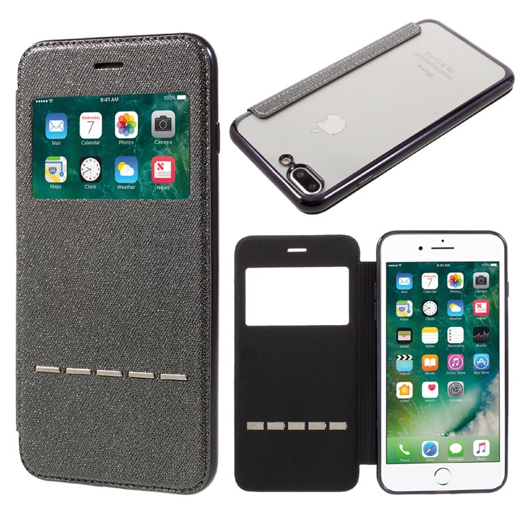 Smart View Window Touch Slide Leather Flip Case for iPhone 7 Plus 5.5 inch with Cross Texture - Grey-1