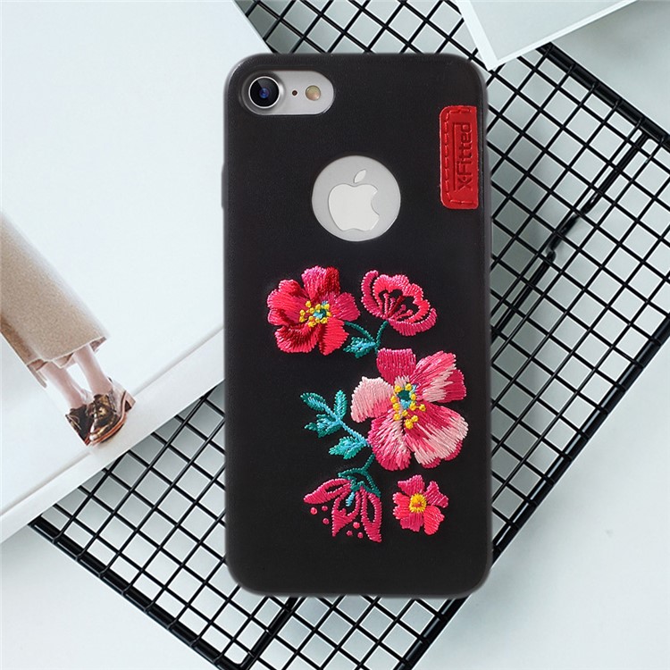 X-FITTED Unique Embroidery Cellphone Case for iPhone 7 (PC + TPU + PU Leather Hybrid) - Flower Pattern-1