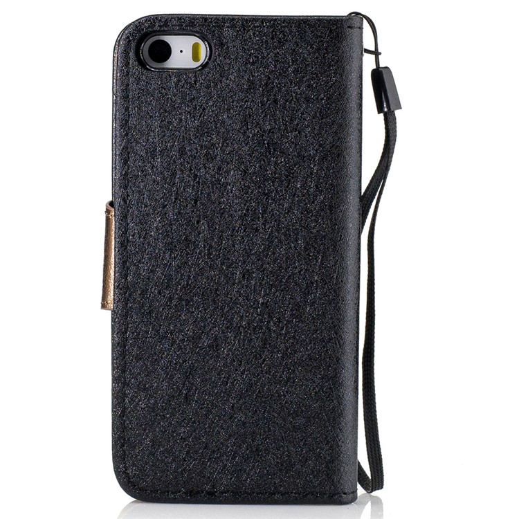 Silk Texture Bi-color Leather Wallet Phone Case for iPhone SE/5s/5 with Strap - Black-2