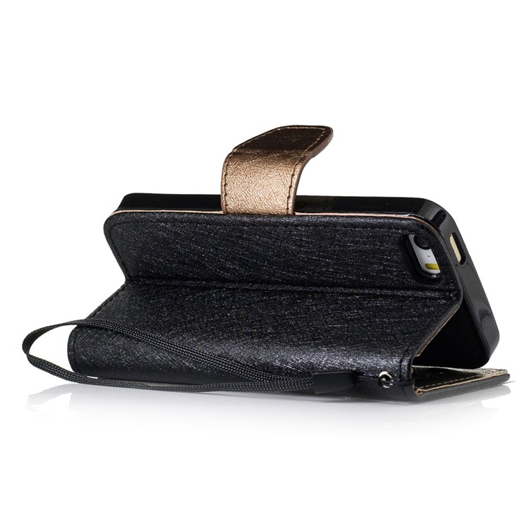 Silk Texture Bi-color Leather Wallet Phone Case for iPhone SE/5s/5 with Strap - Black-3