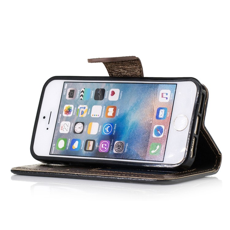 Silk Texture Bi-color Leather Wallet Phone Case for iPhone SE/5s/5 with Strap - Black-4