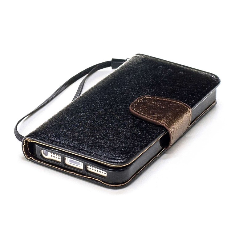 Silk Texture Bi-color Leather Wallet Phone Case for iPhone SE/5s/5 with Strap - Black-5