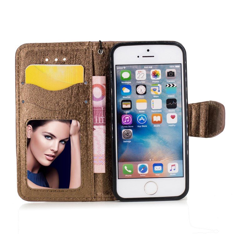 Silk Texture Bi-color Leather Wallet Phone Case for iPhone SE/5s/5 with Strap - Black-6