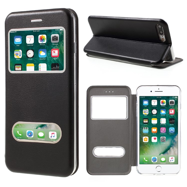 Auto-absorbed Shell Style Dual View Window Leather Case for iPhone 7 Plus 5.5 - Black-1