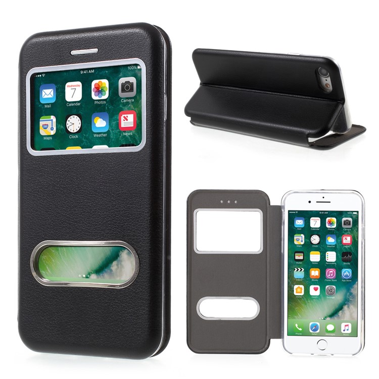 For iPhone 7 4.7 Auto-absorbed Shell Style Dual View Window Leather Case Stand - Black-1
