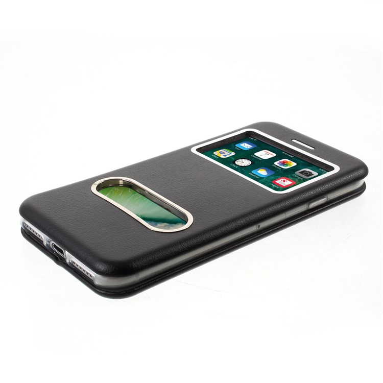 For iPhone 7 4.7 Auto-absorbed Shell Style Dual View Window Leather Case Stand - Black-4