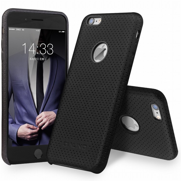 QIALINO Mesh Holes Genuine Leather Coated PC Back Case for iPhone 6s/6 4.7 - Black-1