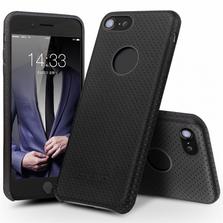 QIALINO Mesh Holes Genuine Leather Coated PC Back Phone Case for iPhone 7 4.7 - Black-1