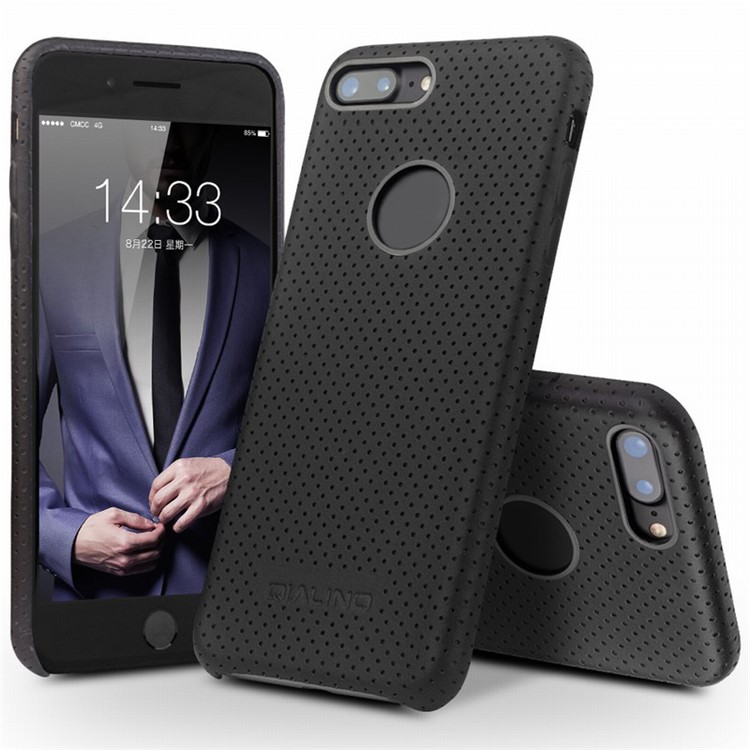 QIALINO Mesh Holes Genuine Leather Skin PC Phone Case for iPhone 7 Plus 5.5 - Black-1