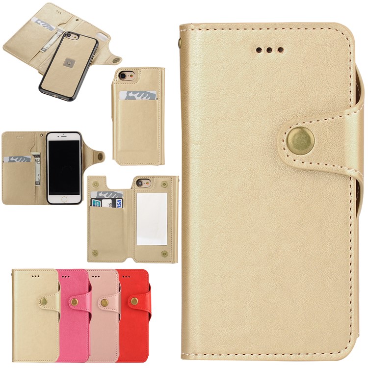Detachable Leather Wallet Case for iPhone 7 4.7 with Makeup Mirror - Gold-1