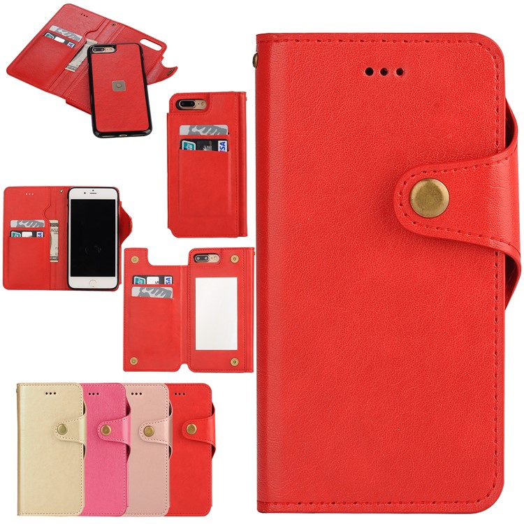 Detachable Leather Wallet Case with Makeup Mirror for iPhone 7 Plus 2016 - Red-1