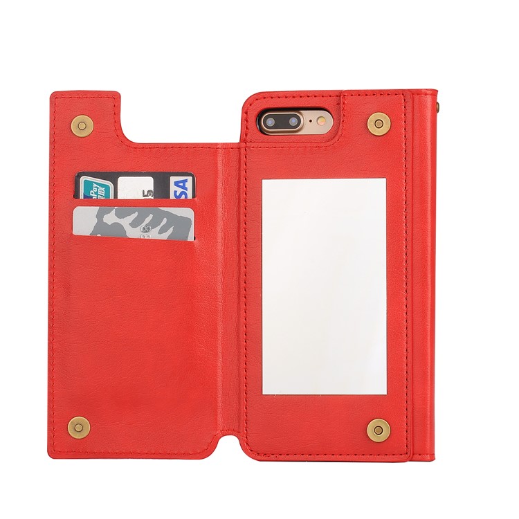 Detachable Leather Wallet Case with Makeup Mirror for iPhone 7 Plus 2016 - Red-4